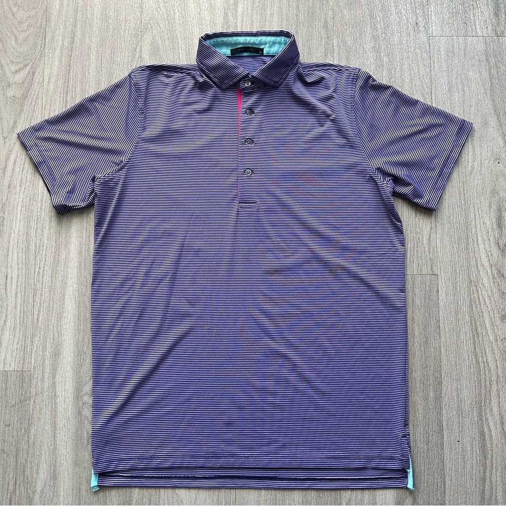 Greyson Polo Shirt Mens Medium Purple Striped Wicking Golf Logo Perfromance GUC
